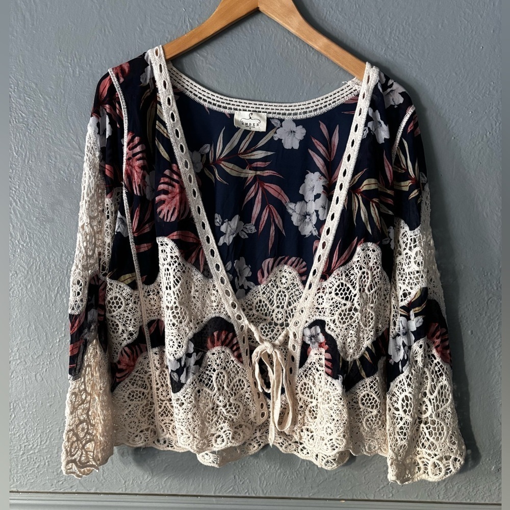 Ember | floral | crochet | tie front | kimono | cardigan | S